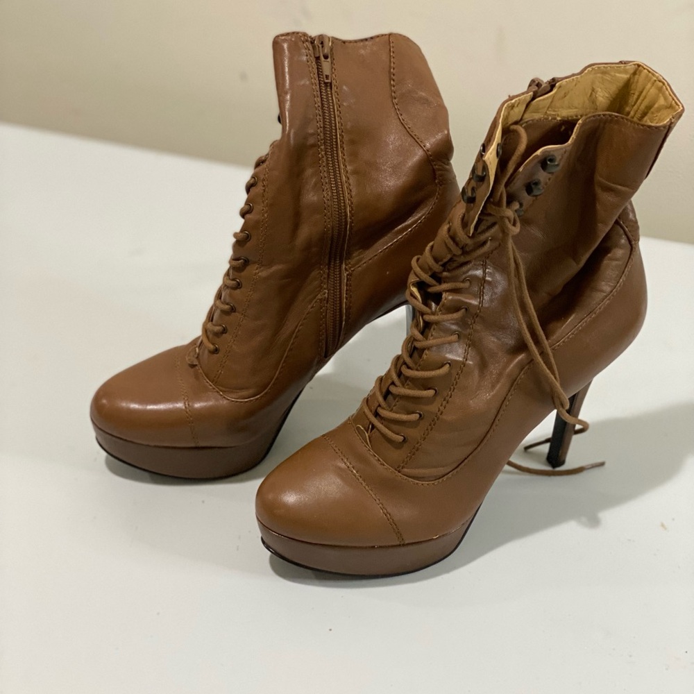 Elegant Tan Lace-Up Heeled Boots